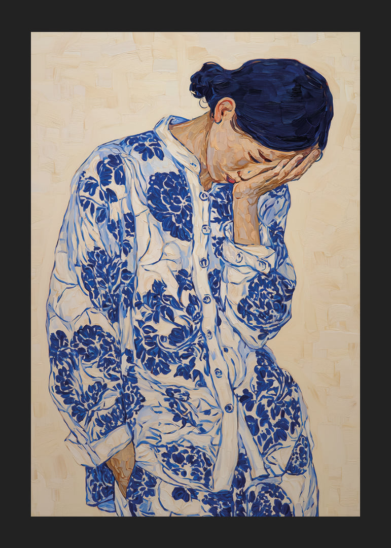 Une femme vêtue de bleu à motifs, plongée dans ses pensées.-12