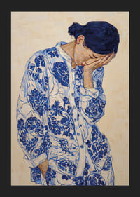 A woman in blue pattern lost in deep thought-5