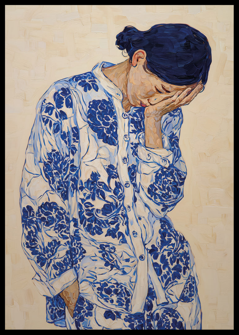 Une femme vêtue de bleu à motifs, plongée dans ses pensées.-12