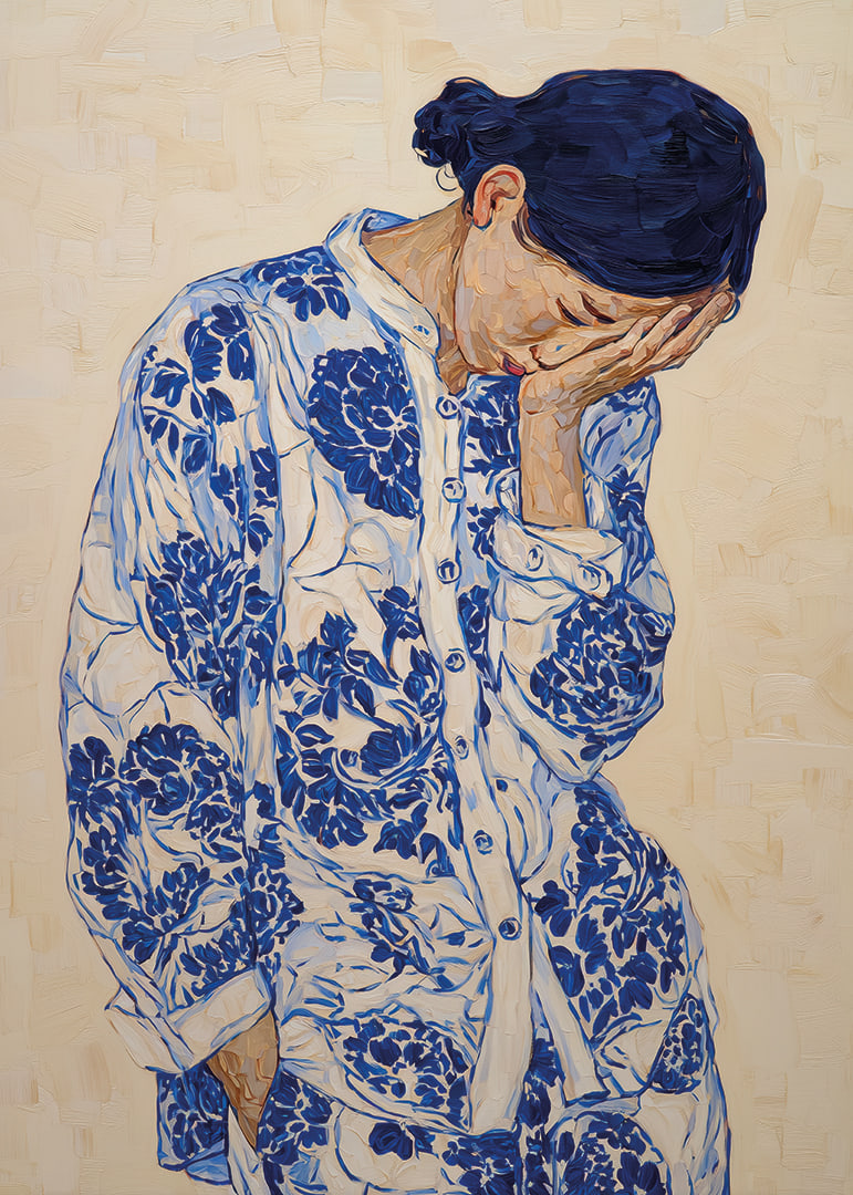 Une femme vêtue de bleu à motifs, plongée dans ses pensées.-12