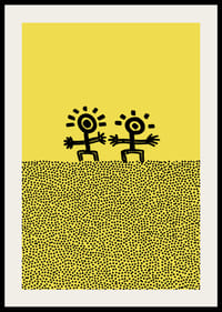 Två glada figurer dansar mot en solig bakgrund-2