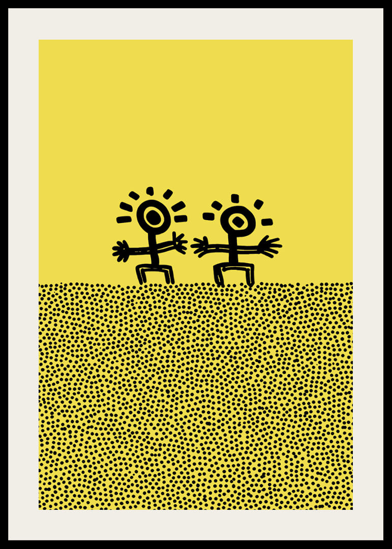 Två glada figurer dansar mot en solig bakgrund-12