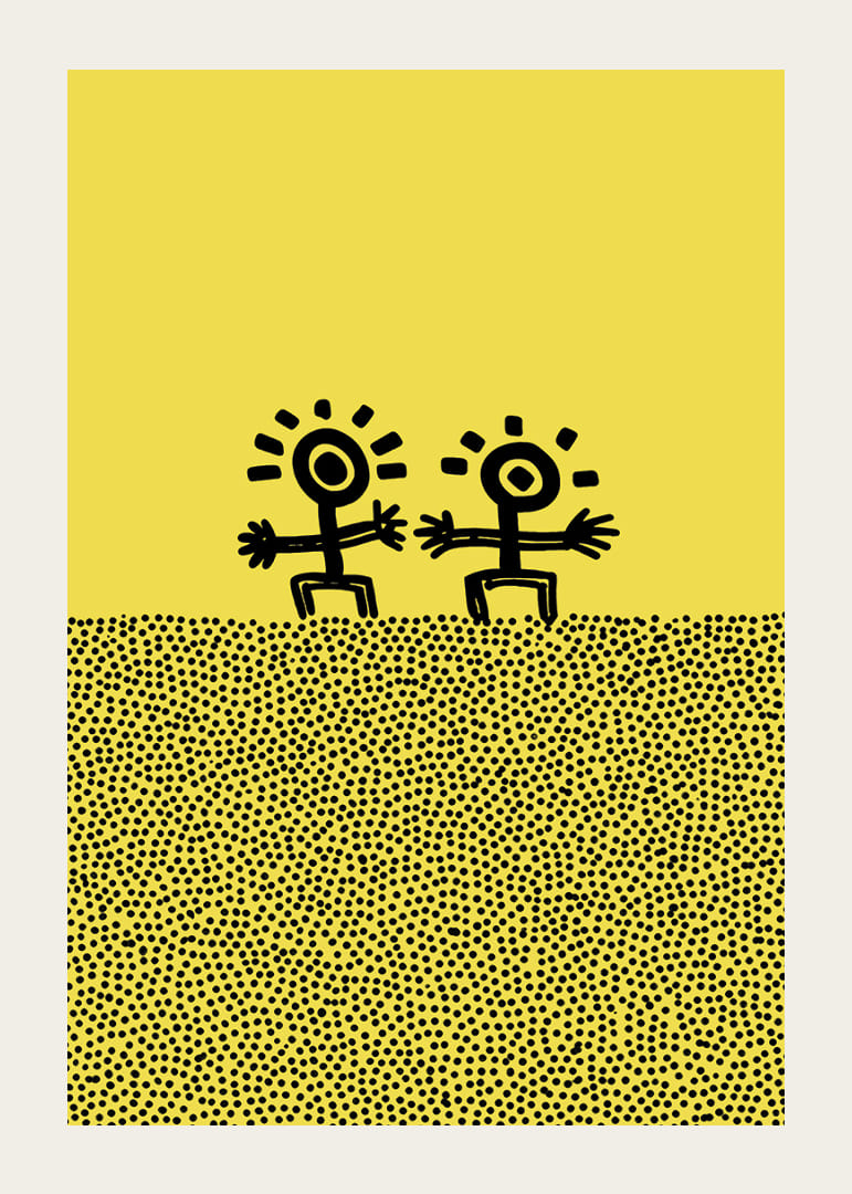 Två glada figurer dansar mot en solig bakgrund-12