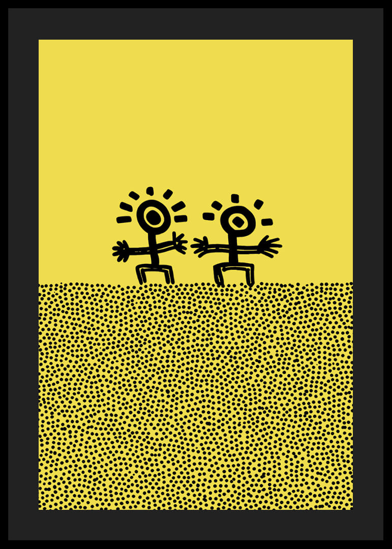 Två glada figurer dansar mot en solig bakgrund-12