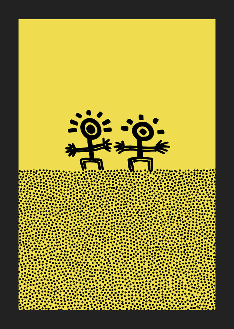 Två glada figurer dansar mot en solig bakgrund-12