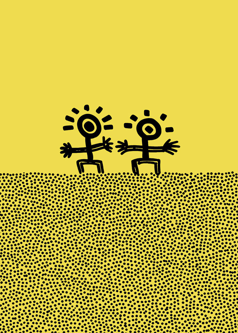 Zwei fröhliche Gestalten tanzen vor einem sonnigen Hintergrund-12