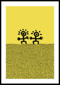 Zwei fröhliche Gestalten tanzen vor einem sonnigen Hintergrund-0