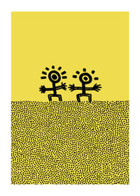 Zwei fröhliche Gestalten tanzen vor einem sonnigen Hintergrund-1