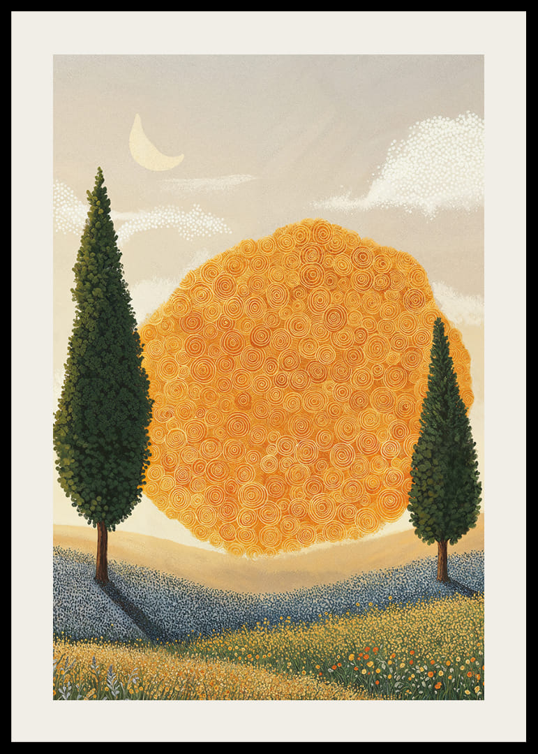 A dreamy landscape scene with golden spiral patterns-12