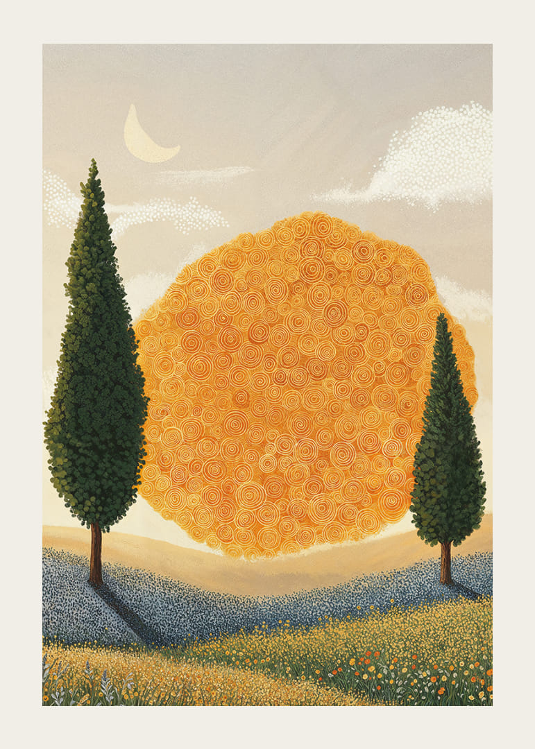 A dreamy landscape scene with golden spiral patterns-12