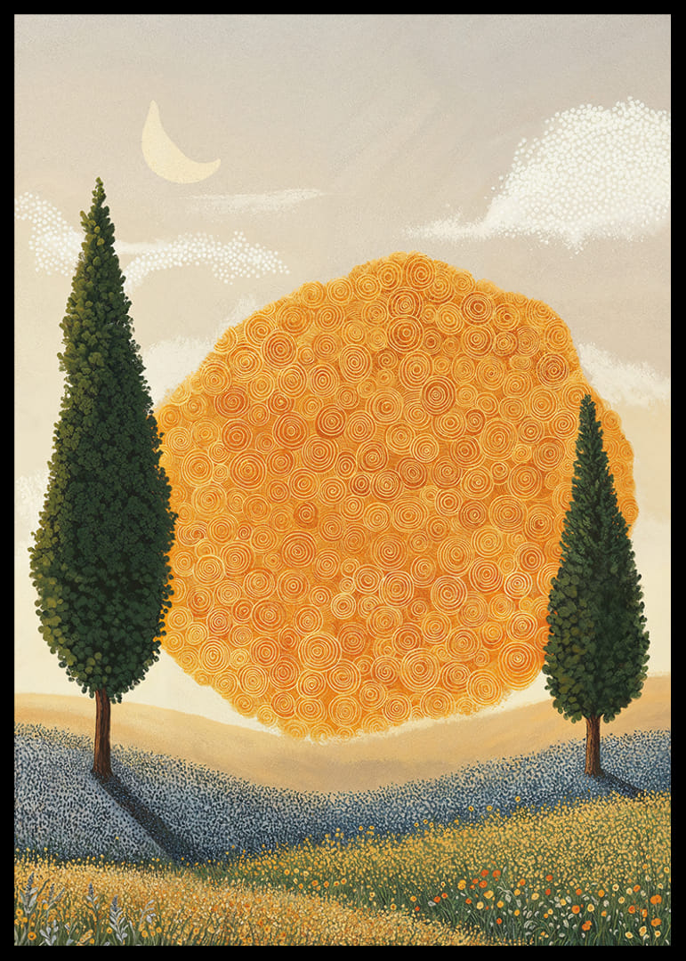 Un paisaje de ensueño con patrones espirales dorados-12