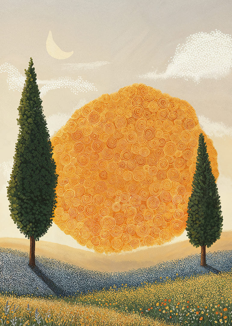 Un paisaje de ensueño con patrones espirales dorados-12