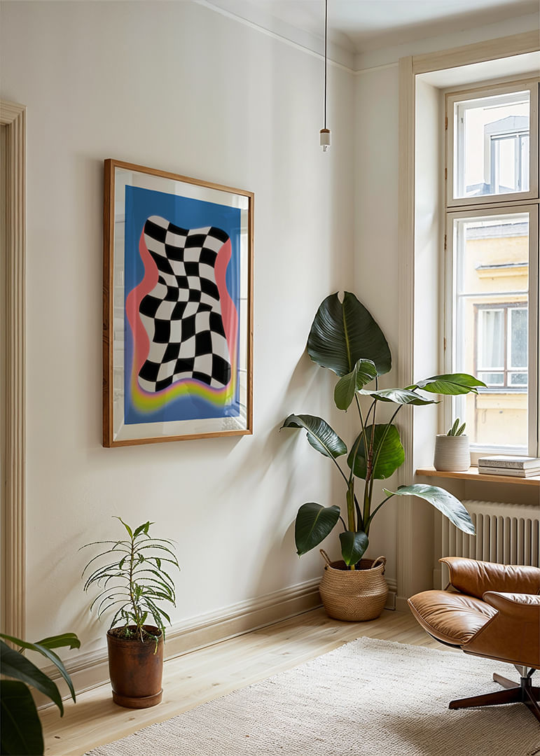 Ein wellenförmiges Schachbrett mit leuchtenden Farben-12