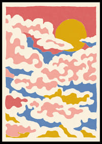 Színes égbolt felhőkkel, amelyek egy aranyló nap körül táncolnak-0