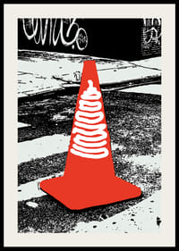 A symbolic orange cone against an urban background-2
