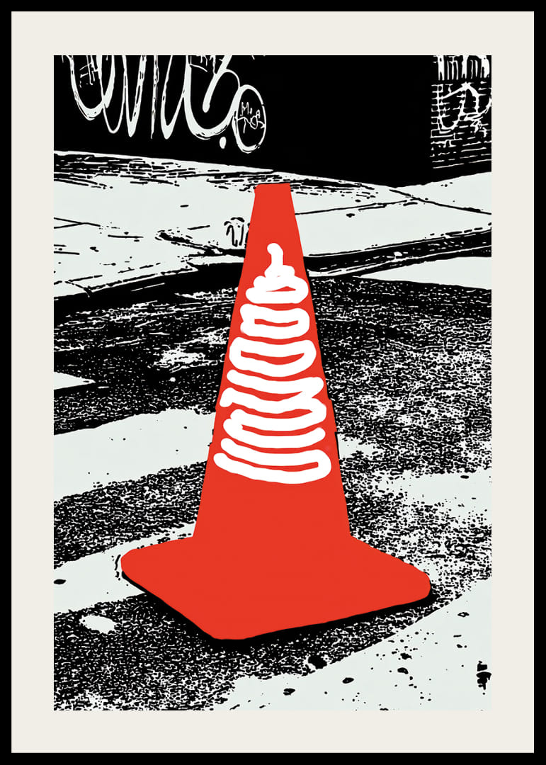 A symbolic orange cone against an urban background-12