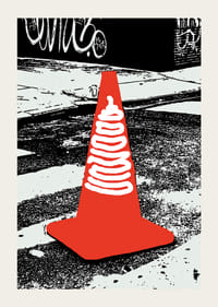A symbolic orange cone against an urban background-3