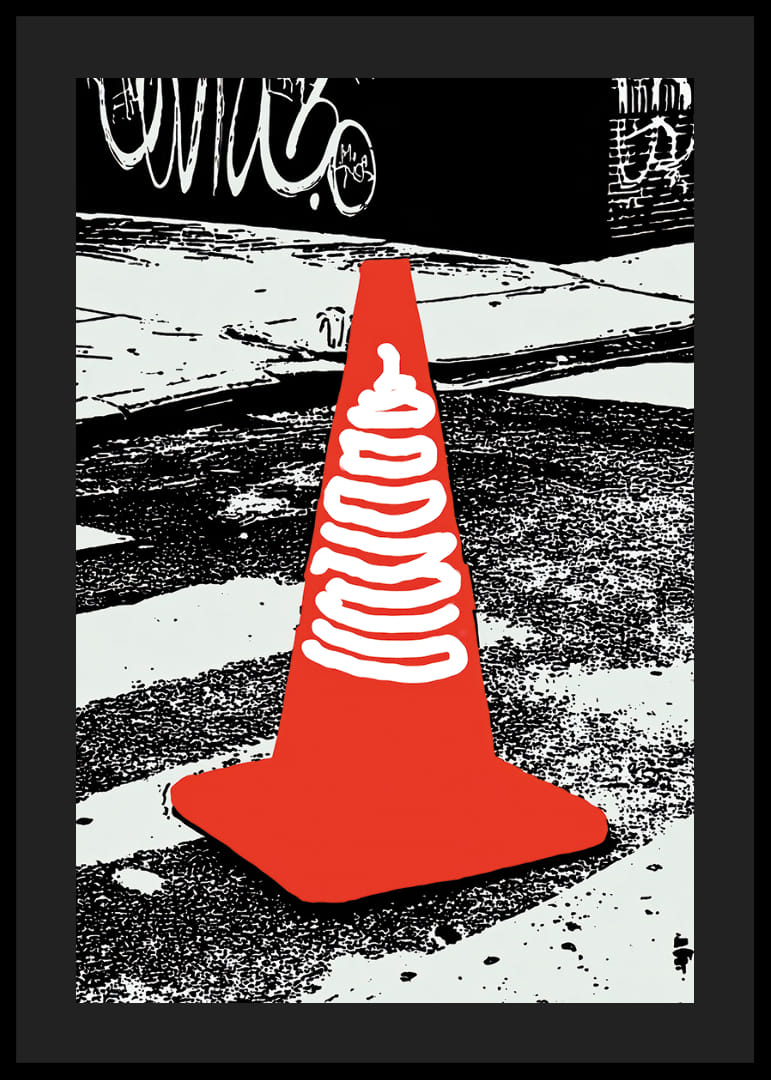 A symbolic orange cone against an urban background-12