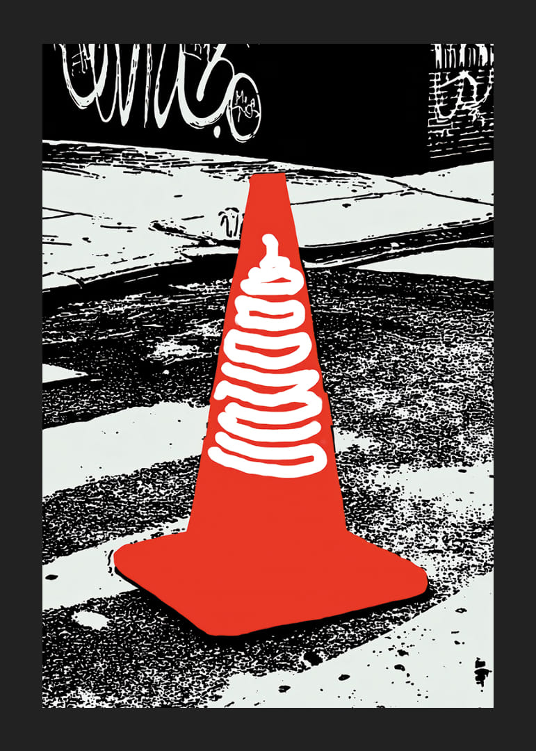 A symbolic orange cone against an urban background-12