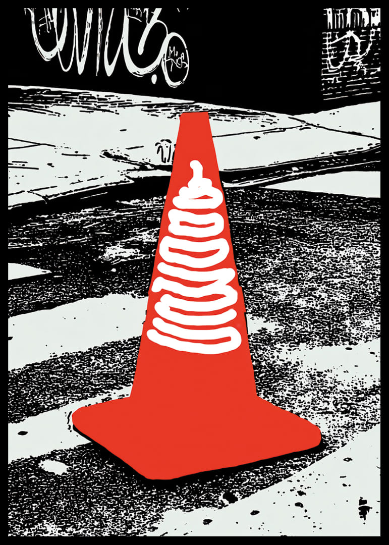 Egy szimbolikus narancssárga kúp városi háttér előtt-12