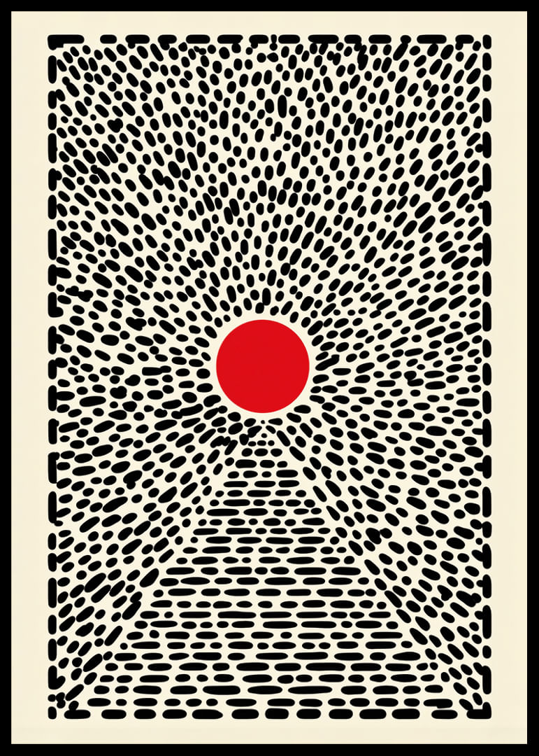 Ein hypnotisches Poster mit einem roten Kreis und einem dynamischen Muster-12