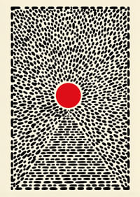 Ein hypnotisches Poster mit einem roten Kreis und einem dynamischen Muster-1