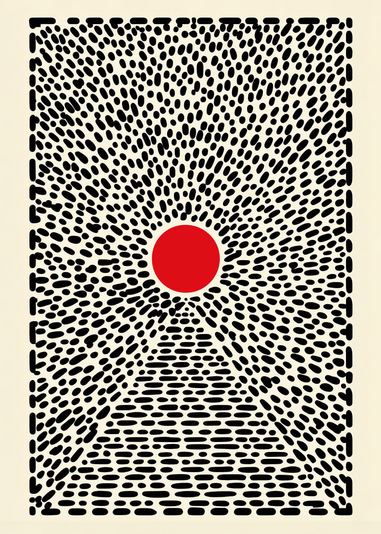 Ein hypnotisches Poster mit einem roten Kreis und einem dynamischen Muster-12