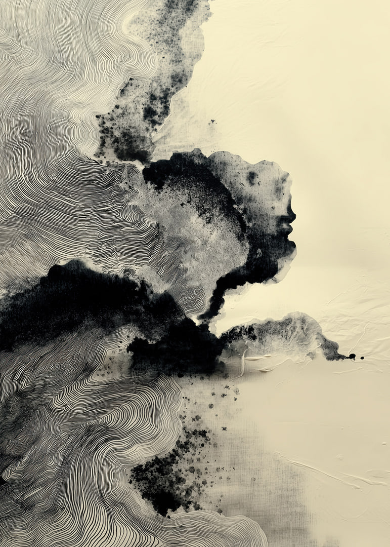 Un póster onírico con suaves patrones de tinta y sutiles sombras.-12