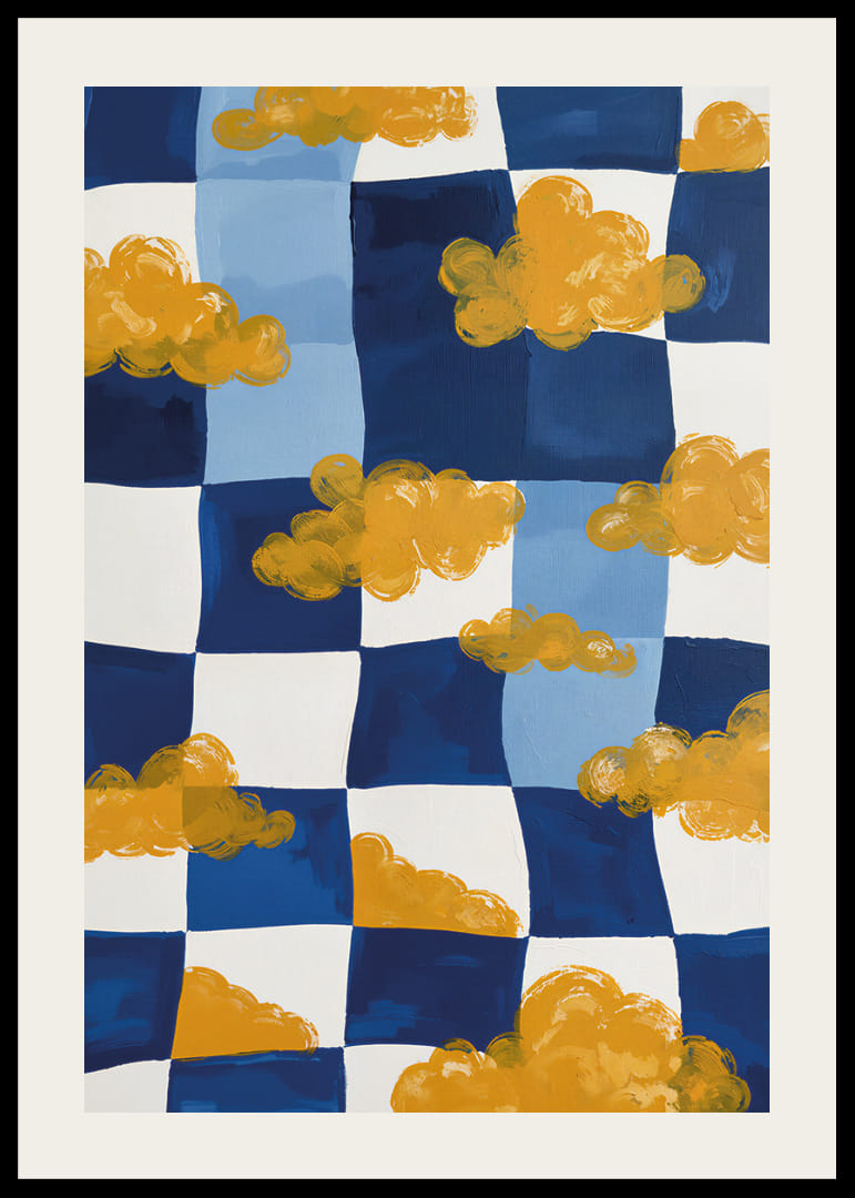 Gyllene moln svävar över en blåvit schackbräda-12