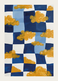 Gyllene moln svävar över en blåvit schackbräda-3