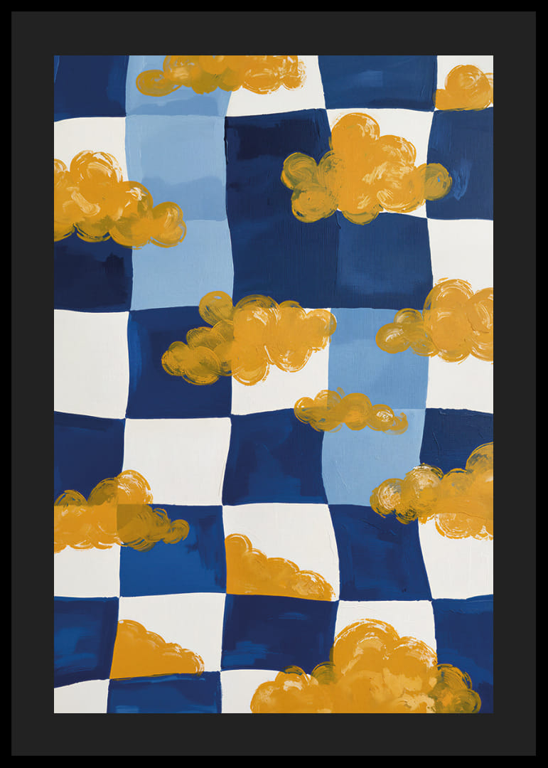 Gyllene moln svävar över en blåvit schackbräda-12