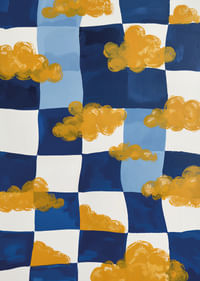 Zeltaini mākoņi peld virs zili balta šaha galdiņa-3