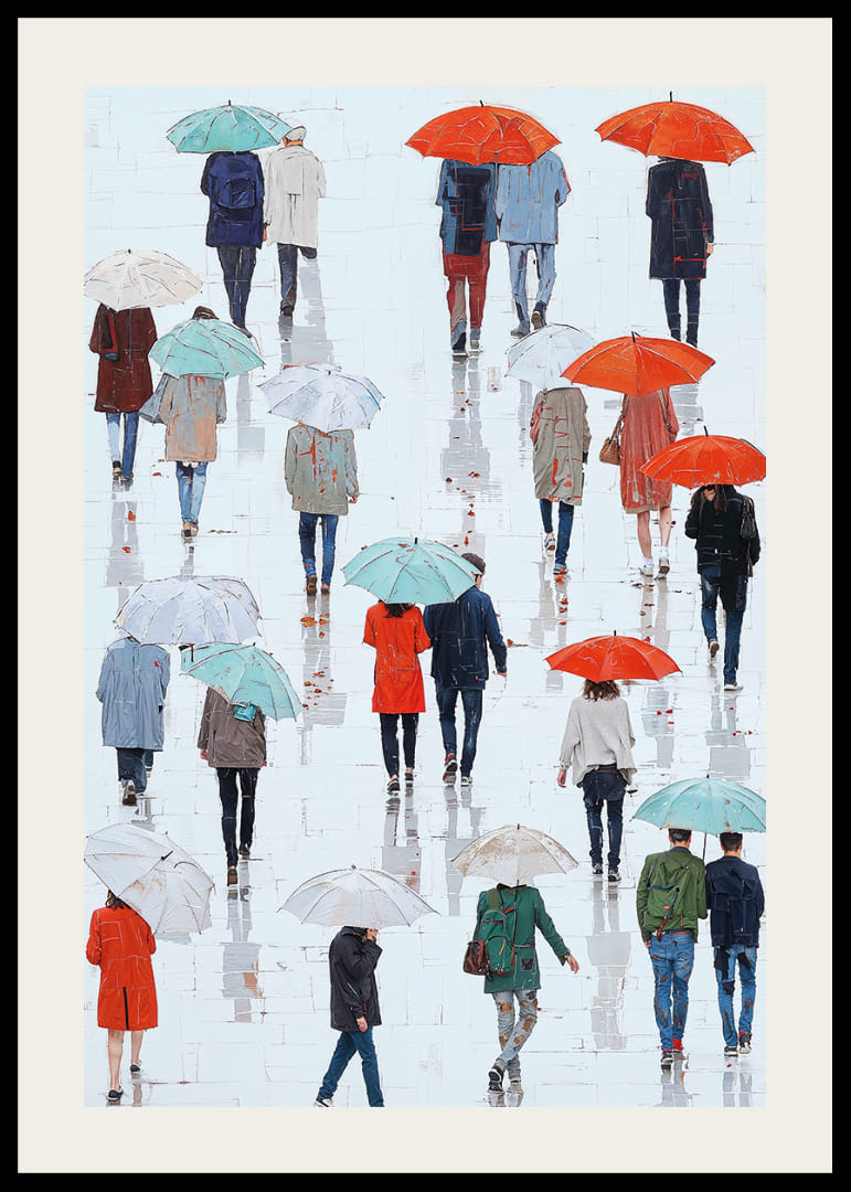 Färgglada paraplyer speglar sig lekfullt i den regnvåta gatan-12