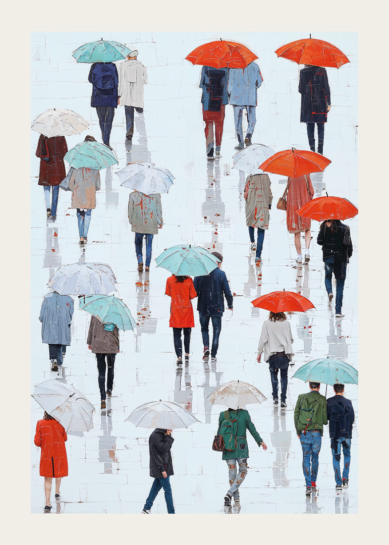 Färgglada paraplyer speglar sig lekfullt i den regnvåta gatan-12