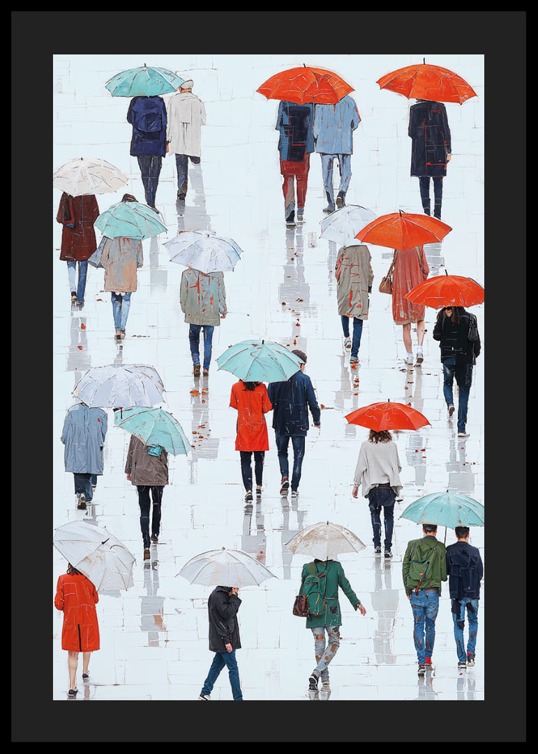 Färgglada paraplyer speglar sig lekfullt i den regnvåta gatan-12