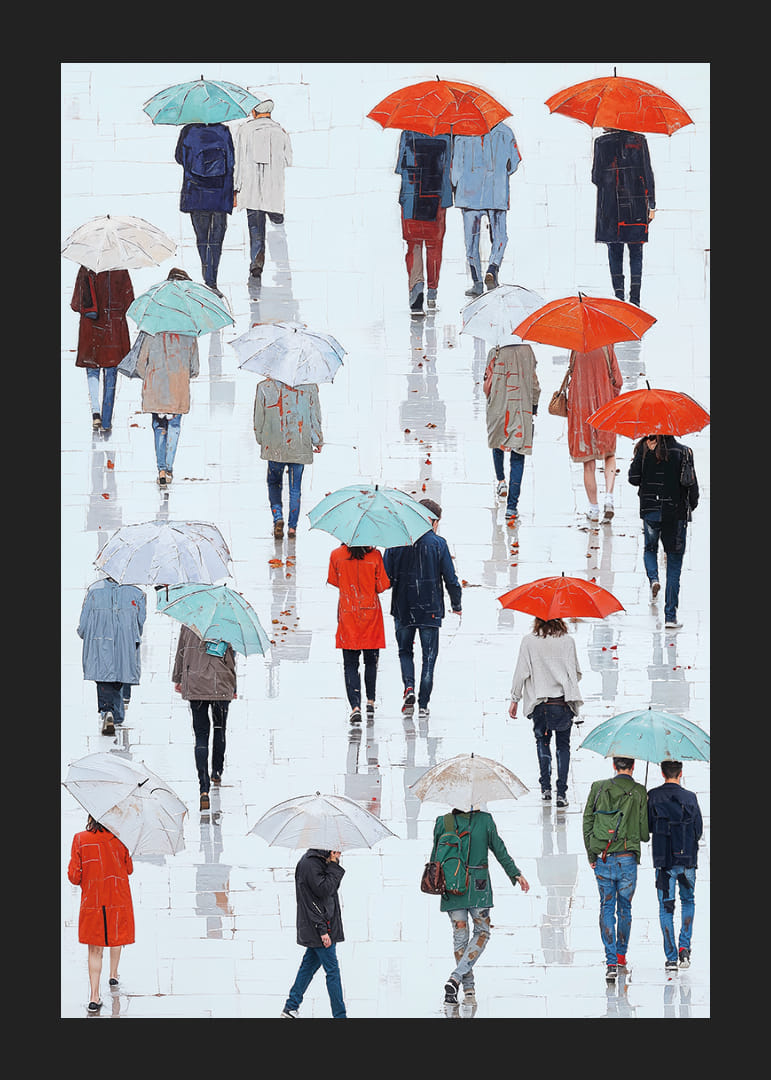 Färgglada paraplyer speglar sig lekfullt i den regnvåta gatan-12