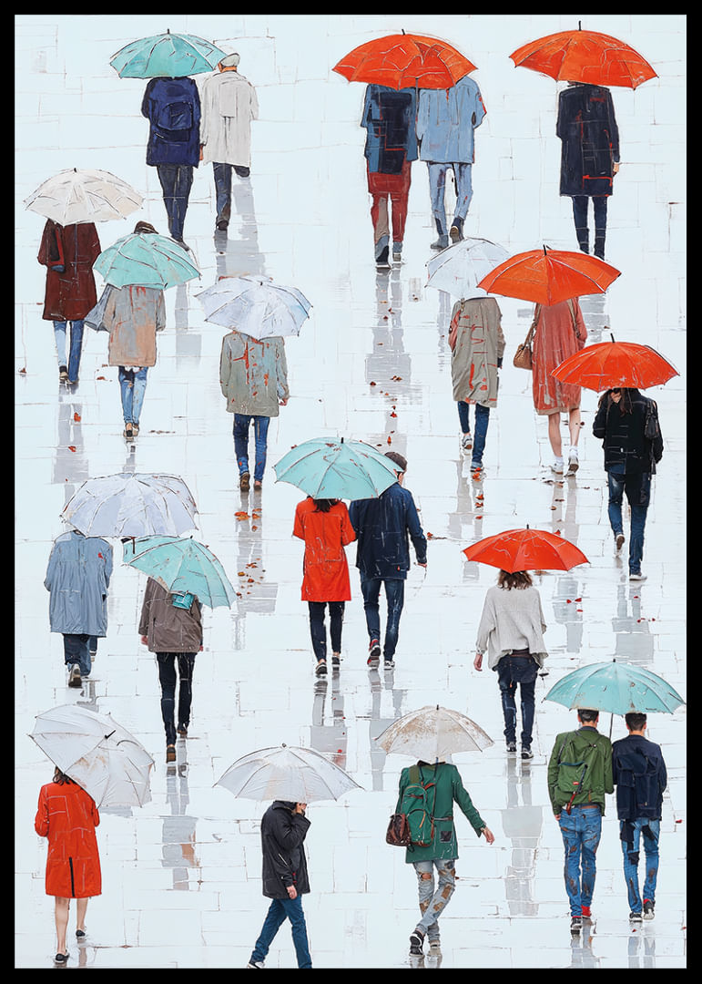 Los coloridos paraguas se reflejan juguetonamente en la calle empapada por la lluvia.-12