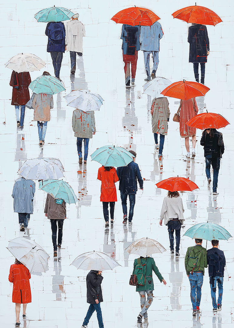 Los coloridos paraguas se reflejan juguetonamente en la calle empapada por la lluvia.-12