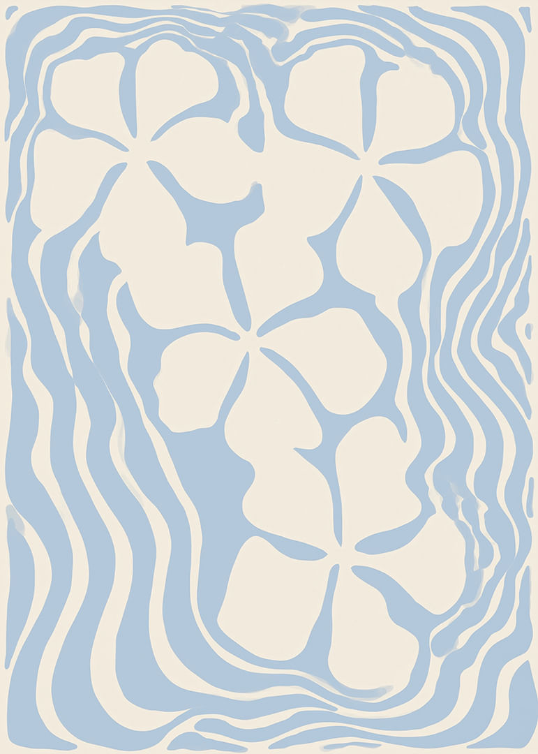 Zarte Blüten schweben in sanft wogenden blauen Wellen.-12