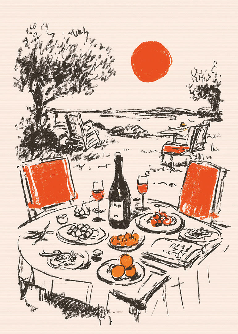 An idyllic dinner at sunset near the sea.-12