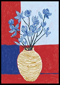 Blå blommor i eklektisk vas på färgglad bakgrund.-2