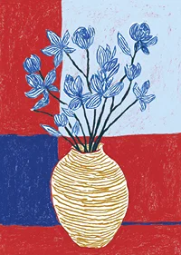 Blå blommor i eklektisk vas på färgglad bakgrund.-3
