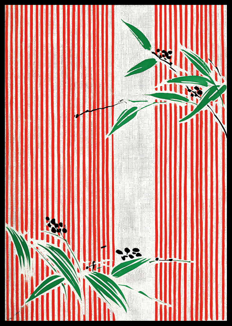La elegancia de los brotes de bambú sobre líneas rojas crea armonía visual.-12