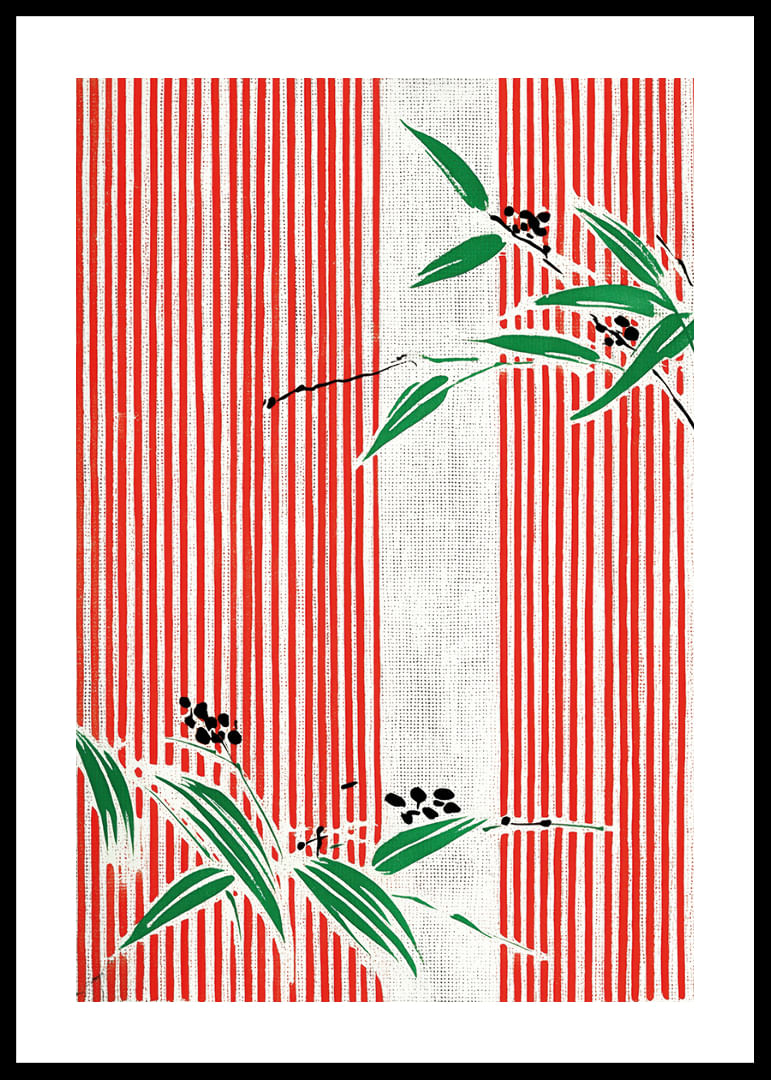 La elegancia de los brotes de bambú sobre líneas rojas crea armonía visual.-12