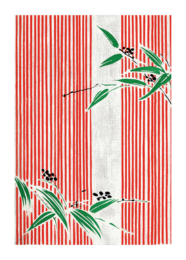 La elegancia de los brotes de bambú sobre líneas rojas crea armonía visual.-12