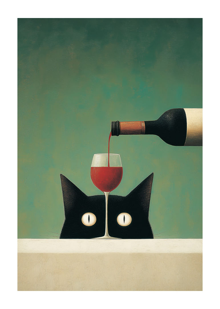 Un gatto misterioso è affascinato da un bicchiere di vino rosso.-12