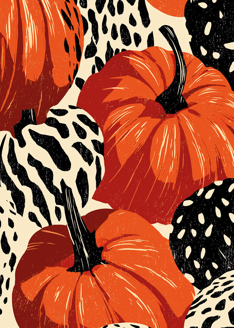 Estampado vibrante de abóboras e folhas em cores outonais.-12