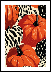 Estampado vibrante de abóboras e folhas em cores outonais.-0