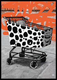 Un carrello della spesa a pois su uno sfondo grafico trasmette energia urbana.-2
