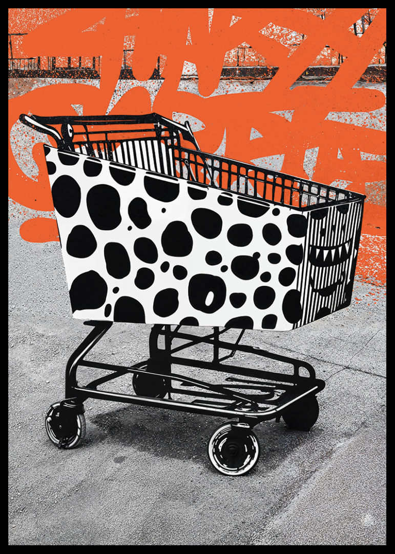 Un carrello della spesa a pois su uno sfondo grafico trasmette energia urbana.-12